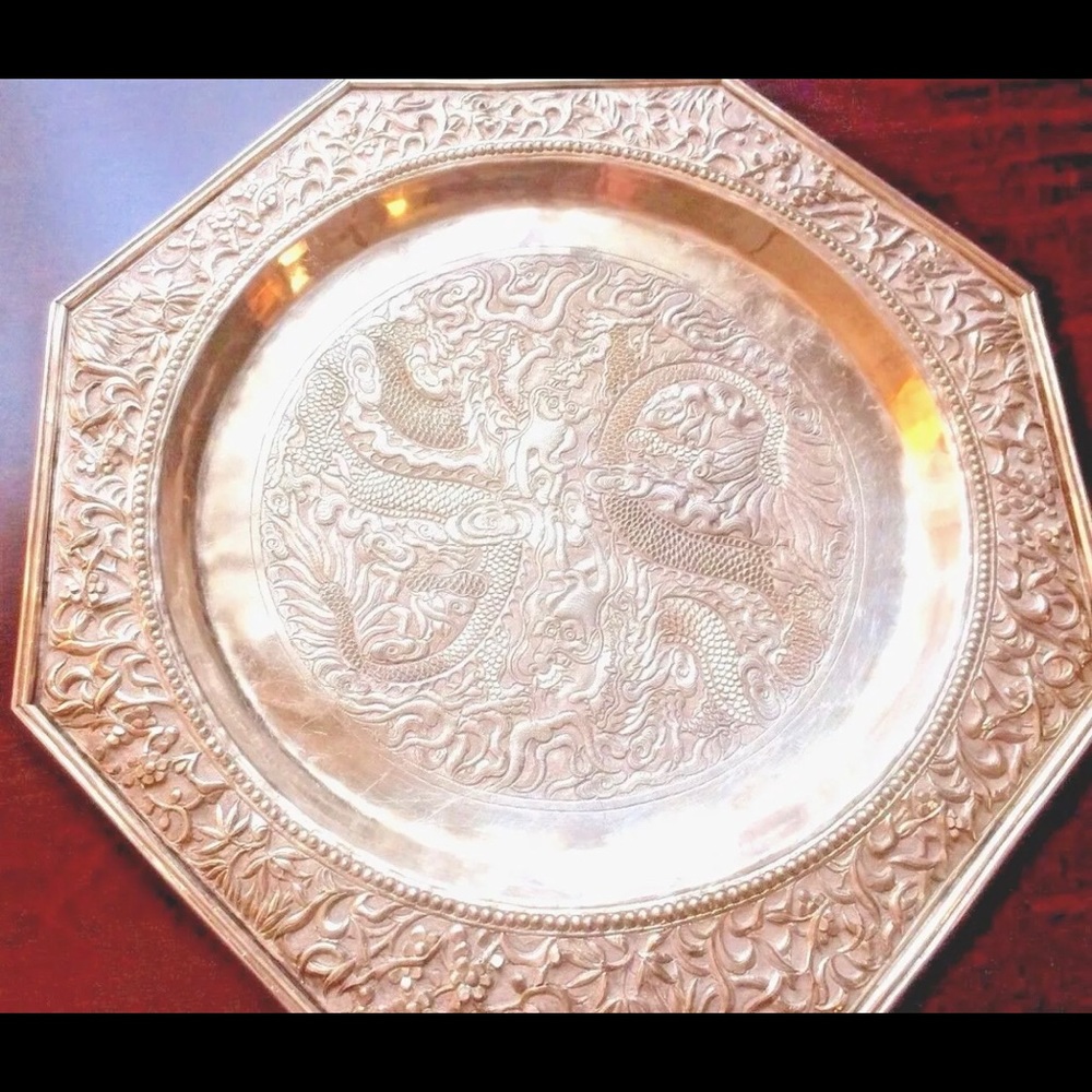 Antique Chinese Octagonal Silver Footed Plate 11”